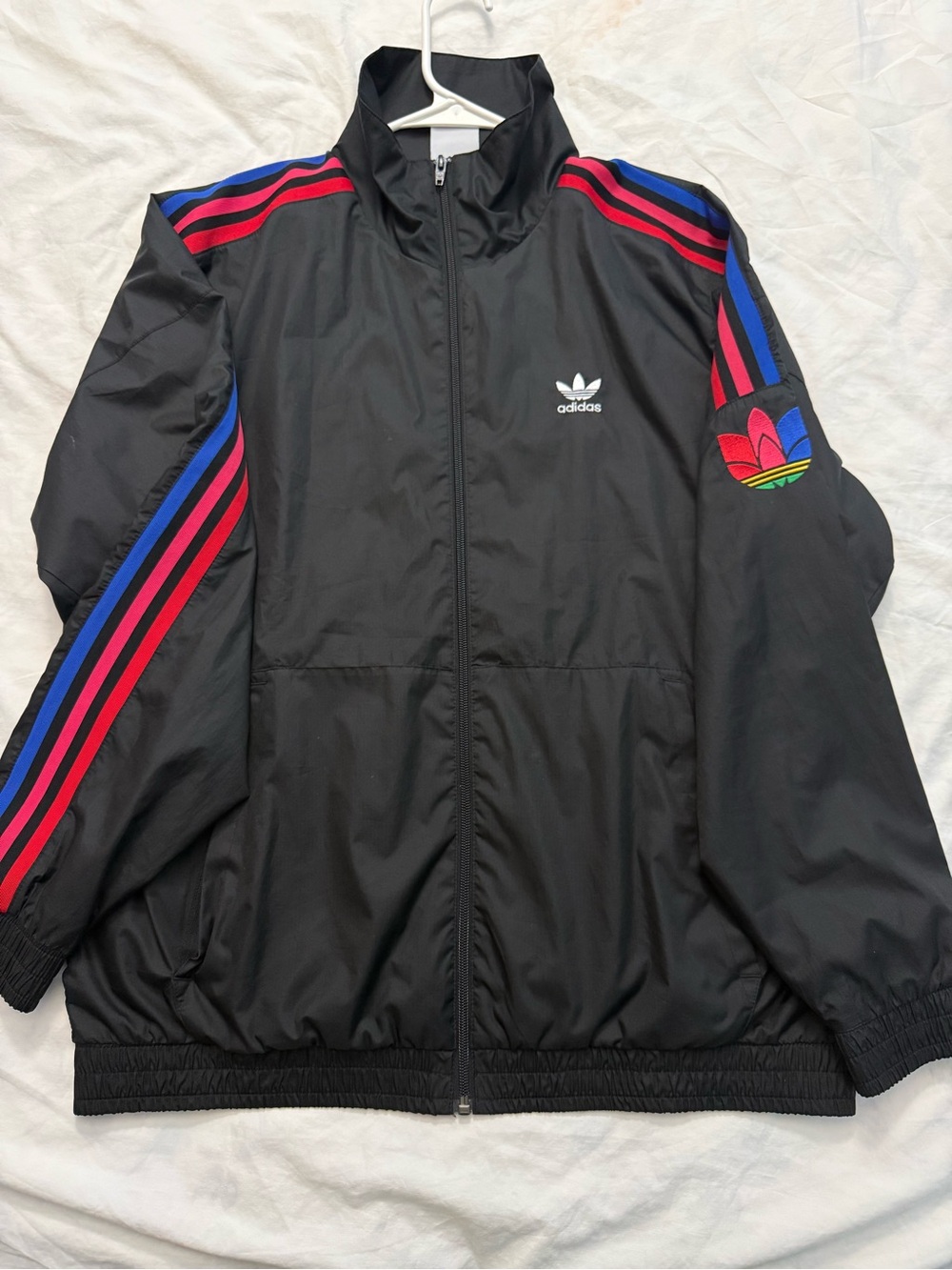 adidas Black Windbreaker Jacket with Red & Blue Stripes